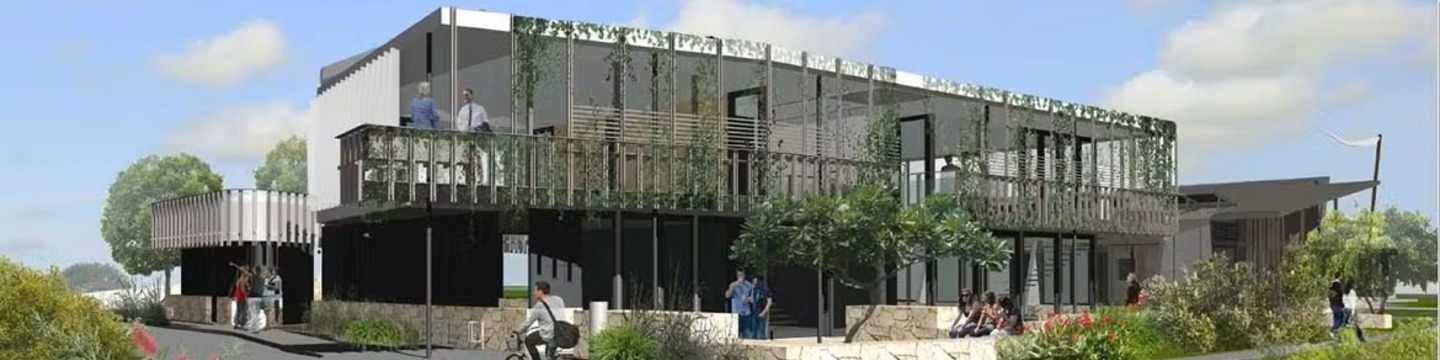 Artists impression of the Digital Hub development shows a two storey structure with a verandah and design suitable for the local climate with green hanging plants, places to sit, and pathways